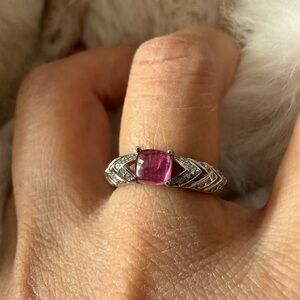 S925 Pink Tourmaline Ring Art Deco Style CZ Accents